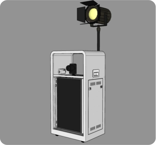 硬體機櫃外觀示意圖，含燈光與相機